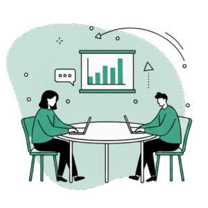 Illustratie van een team dat rond een tafel data en grafieken op een presentatiescherm analyseert in een modern groen-wit design